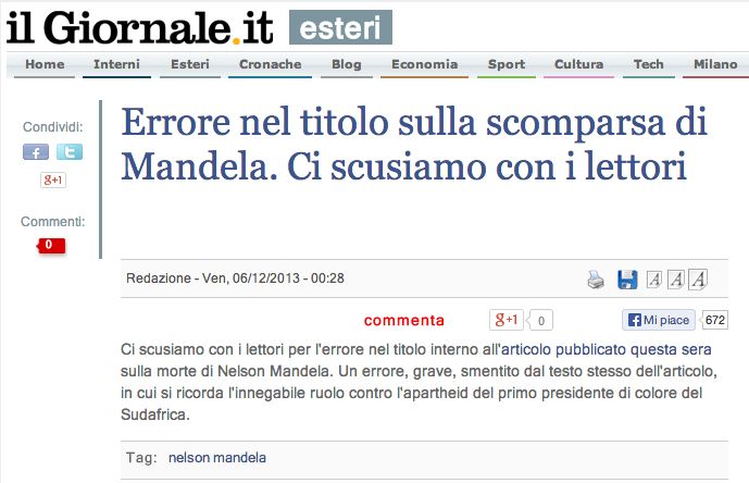 scuse il giornale gaffe nelson mandela