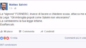 Salvini facebook fanculo a Fornero