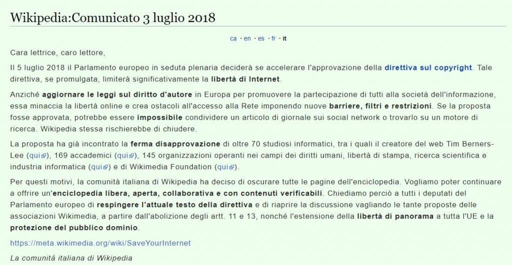 wikipedia sospesa per la libertà di informazione