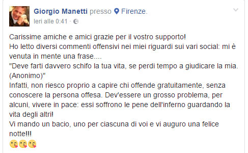 Gossip Uomini e Donne, Giorgio Manetti polemico sui social: 